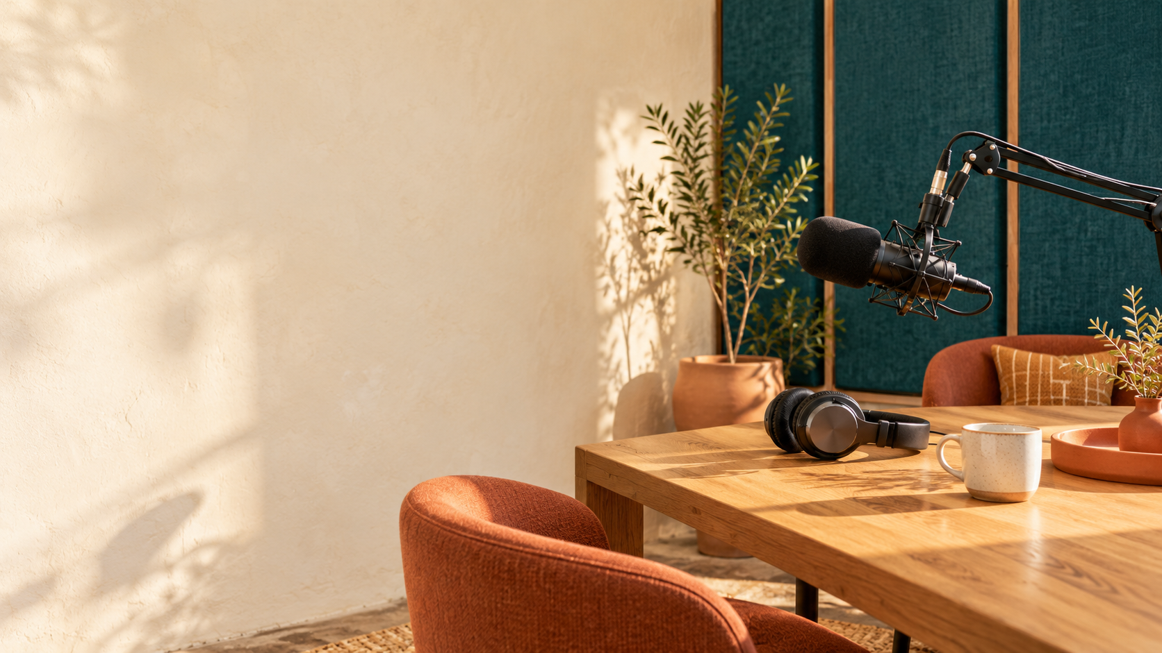 Ambiente editorial de radio: un micrófono, auriculares y café